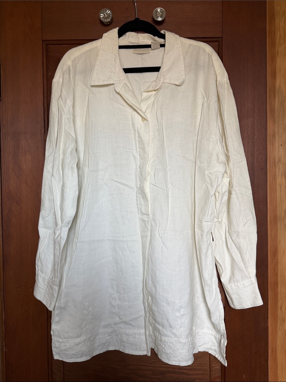 J. Jill Cream Casual Button-Down Linen Tunic Shirt Embroidered Size L